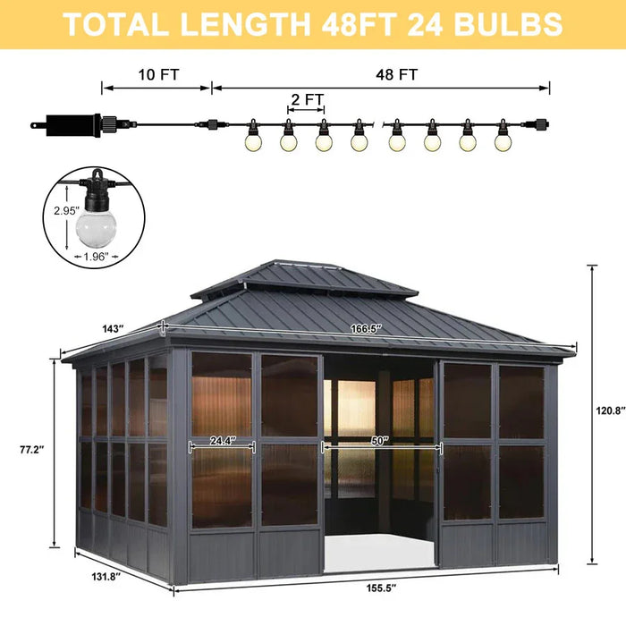Sunroom Hardtop Gazebo Solarium Grey Galvanized Steel Double Roof All-Weather Aluminum Outdoor Screen House with String Lights