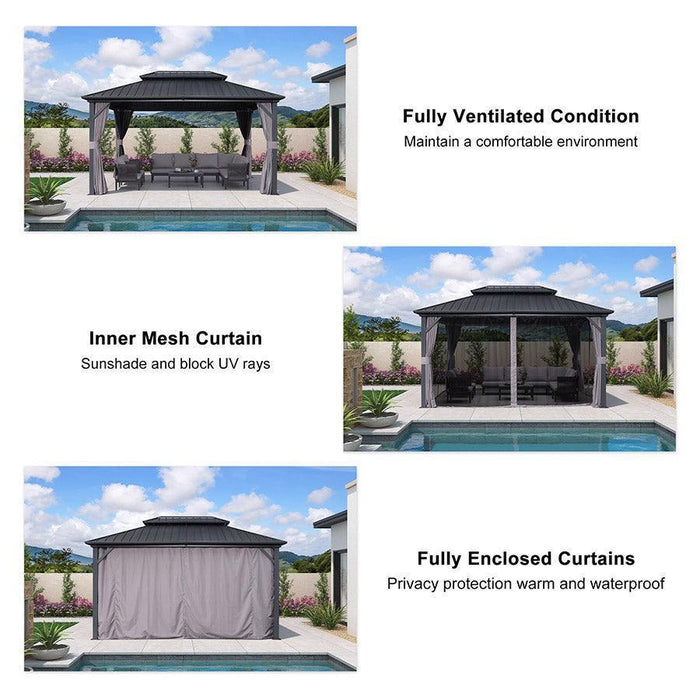 Grey Hardtop Gazebo with Heavy Duty Galvanized Steel Double Roof with String Lights - Clear