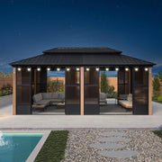 Sunroom Hardtop Gazebo with Wood Grain Columns Black Frame Double Roof Galvanized Steel Solarium All-Weather Screen House with String Lights