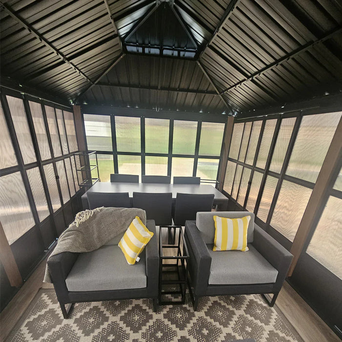 Sunroom Hardtop Gazebo with Wood Grain Columns Black Frame Double Roof Galvanized Steel Solarium All-Weather Screen House with String Lights