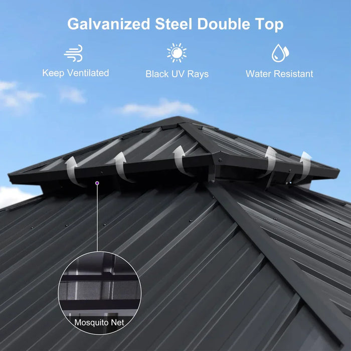 Grey Hardtop Gazebo with Heavy Duty Galvanized Steel Double Roof with String Lights - Milky