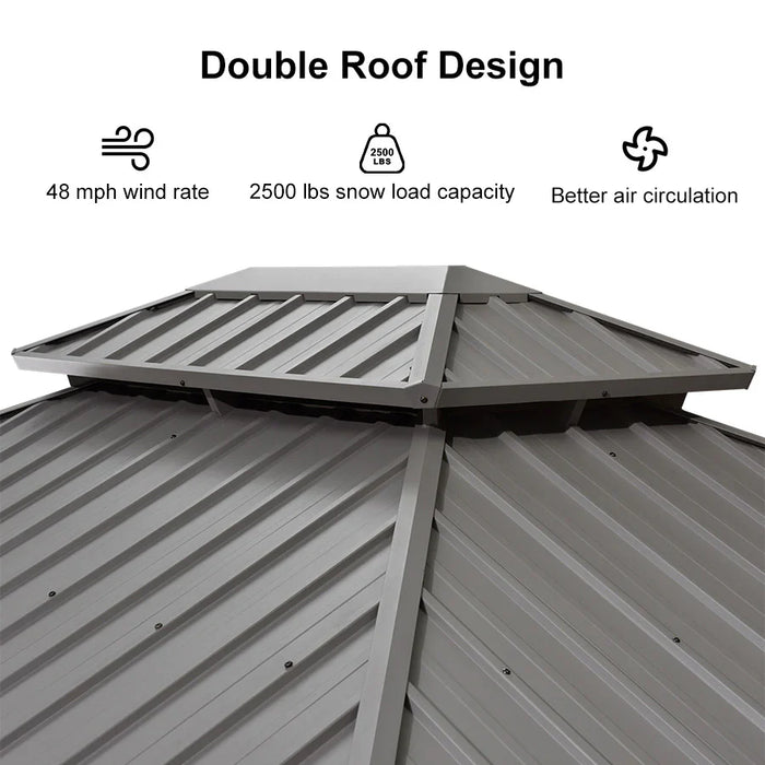Patio Gazebo for Pool Light Grey Hardtop Galvanized Steel Roof with String Lights - Clear