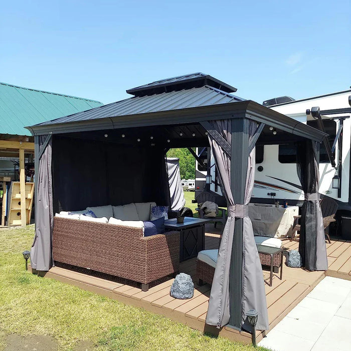 Patio Gazebo for Backyard Grey Hardtop Galvanized Steel Roof Awning String Lights - Milky