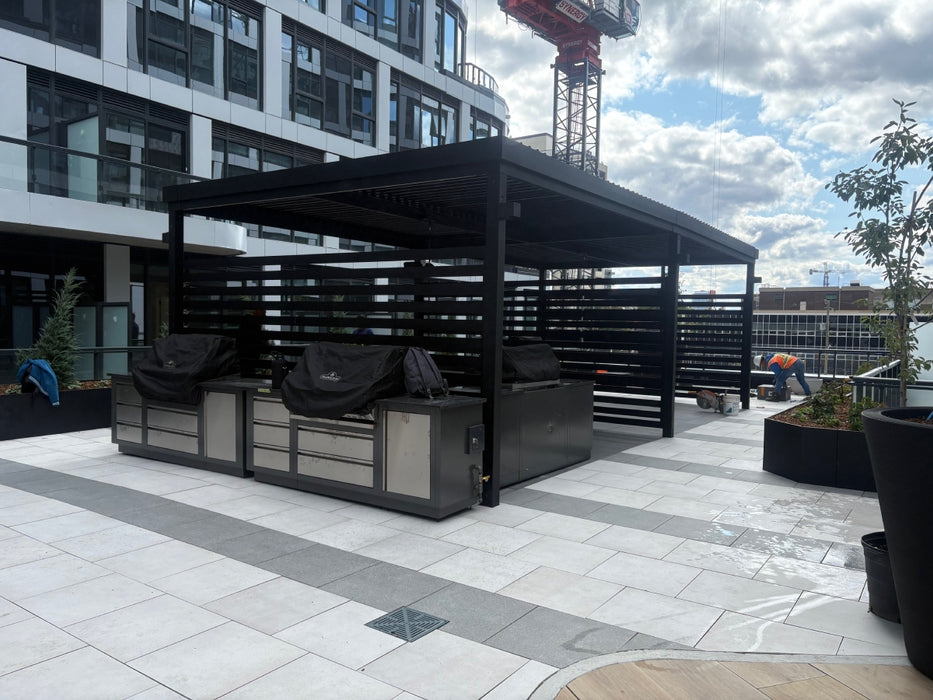 Black Rooftop Motorized Louvered Pergola for Modern Terrace Living