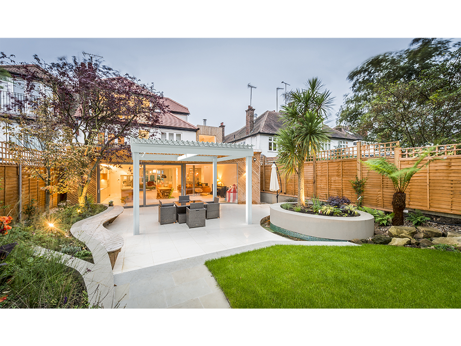 White Attached Motorized Louvered Pergola for Modern Backyard Patio Living