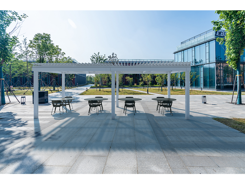 White Attached Motorized Louvered Pergola for Modern Backyard Patio Living