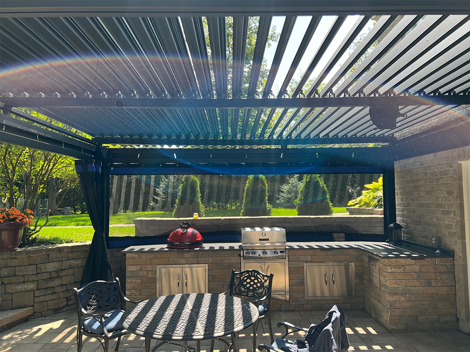 Black Motorized Louvered Pergola for Poolside Outdoor Living
