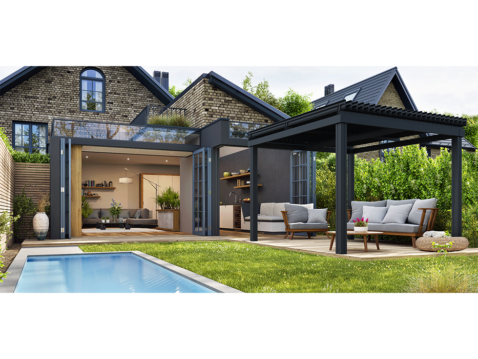 Black Motorized Louvered Pergola for Poolside Outdoor Living