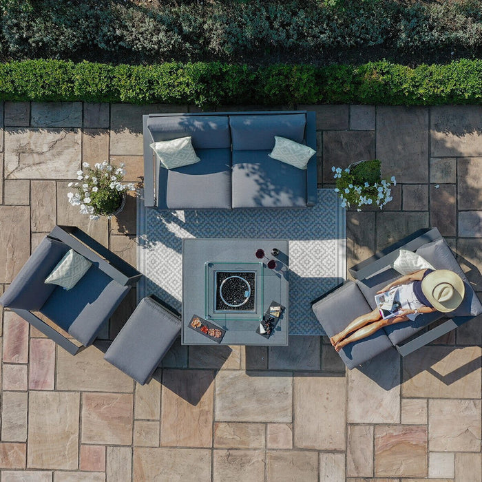 Maze - Amalfi 2 Seat Aluminium Sofa Set with Square Fire Pit Table plus Armchairs & Footstools - Grey