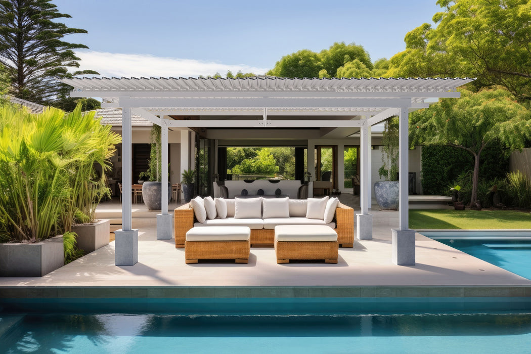 White Motorized Louvered Pergola for Poolside Patio Living
