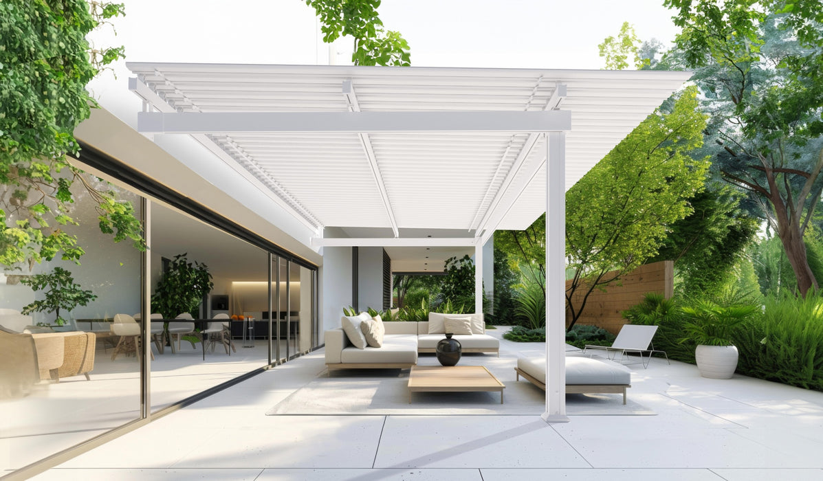 White Motorized Louvered Pergola for Poolside Patio Living