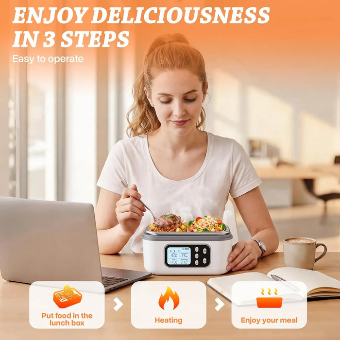 Cordless Heated Electric Lunch Box for Adults with Automatic Heating, 100W Portable Food Warmer Battery Powered with Scheduled