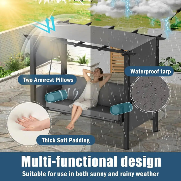 Convertible 3-Seat Outdoor Swing Bed with Canopy & Cushions