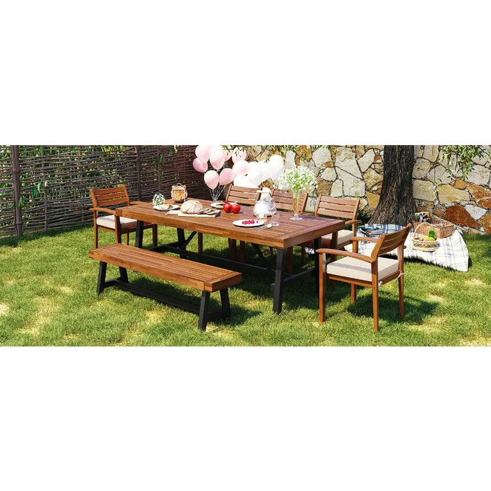 GO Outdoor Wood Dining Set For 78 Person Outdoor Dining Furniture With Removable Cushions Ergonomic Chairs And Bench Thicker Ta