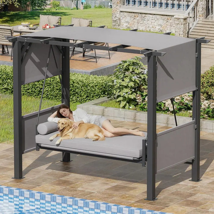 Convertible 3-Seat Outdoor Swing Bed with Canopy & Cushions