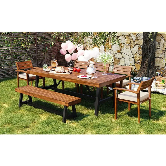 GO Outdoor Wood Dining Set For 78 Person Outdoor Dining Furniture With Removable Cushions Ergonomic Chairs And Bench Thicker Ta