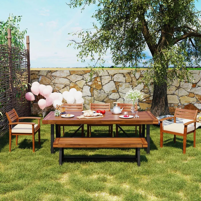 GO Outdoor Wood Dining Set For 78 Person Outdoor Dining Furniture With Removable Cushions Ergonomic Chairs And Bench Thicker Ta