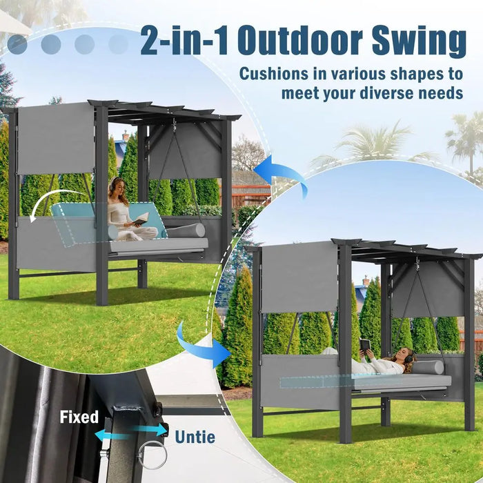 Convertible 3-Seat Outdoor Swing Bed with Canopy & Cushions