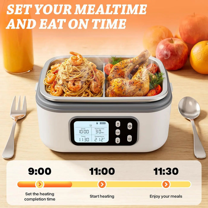 Cordless Heated Electric Lunch Box for Adults with Automatic Heating, 100W Portable Food Warmer Battery Powered with Scheduled
