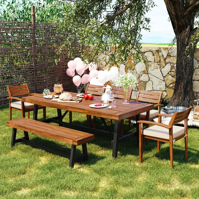 GO Outdoor Wood Dining Set For 78 Person Outdoor Dining Furniture With Removable Cushions Ergonomic Chairs And Bench Thicker Ta