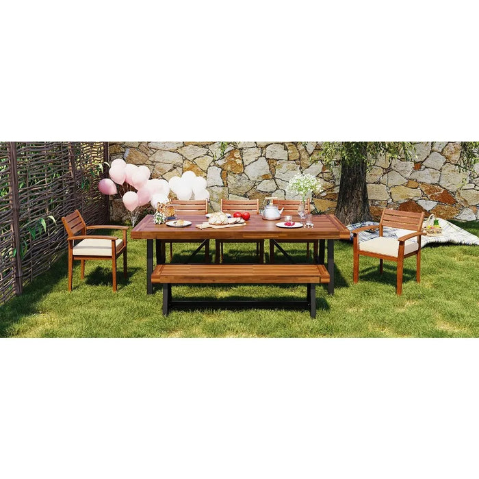 GO Outdoor Wood Dining Set For 78 Person Outdoor Dining Furniture With Removable Cushions Ergonomic Chairs And Bench Thicker Ta