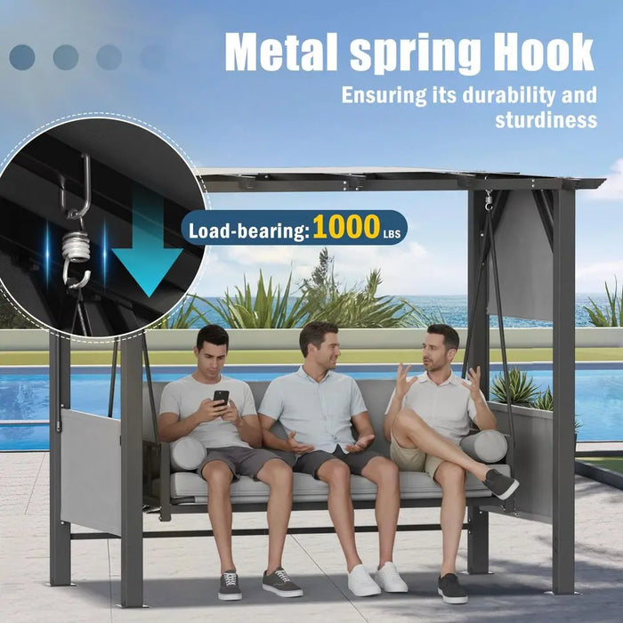 Convertible 3-Seat Outdoor Swing Bed with Canopy & Cushions