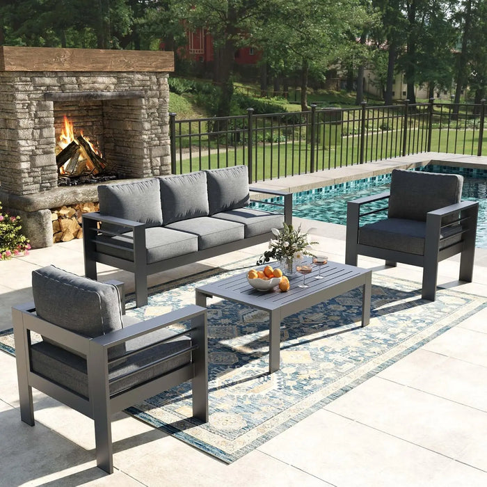 4 Pieces Modern Aluminum Patio Furniture Set, Outdoor Conversation Sets Metal Sectional Sofa with Coffee Table, Customized