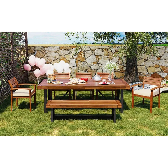 GO Outdoor Wood Dining Set For 78 Person Outdoor Dining Furniture With Removable Cushions Ergonomic Chairs And Bench Thicker Ta