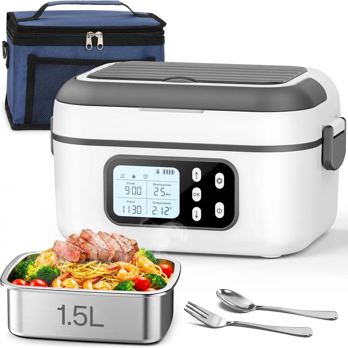 Cordless Heated Electric Lunch Box for Adults with Automatic Heating, 100W Portable Food Warmer Battery Powered with Scheduled