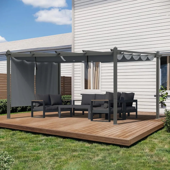 12x16 FT Outdoor Pergola - Retractable Shade Canopy with Aluminum Frame & Roller Shade Curtains for Patio, Backyard, or Deck