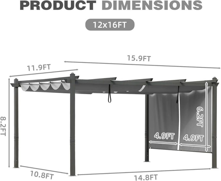 12x16 FT Outdoor Pergola - Retractable Shade Canopy with Aluminum Frame & Roller Shade Curtains for Patio, Backyard, or Deck