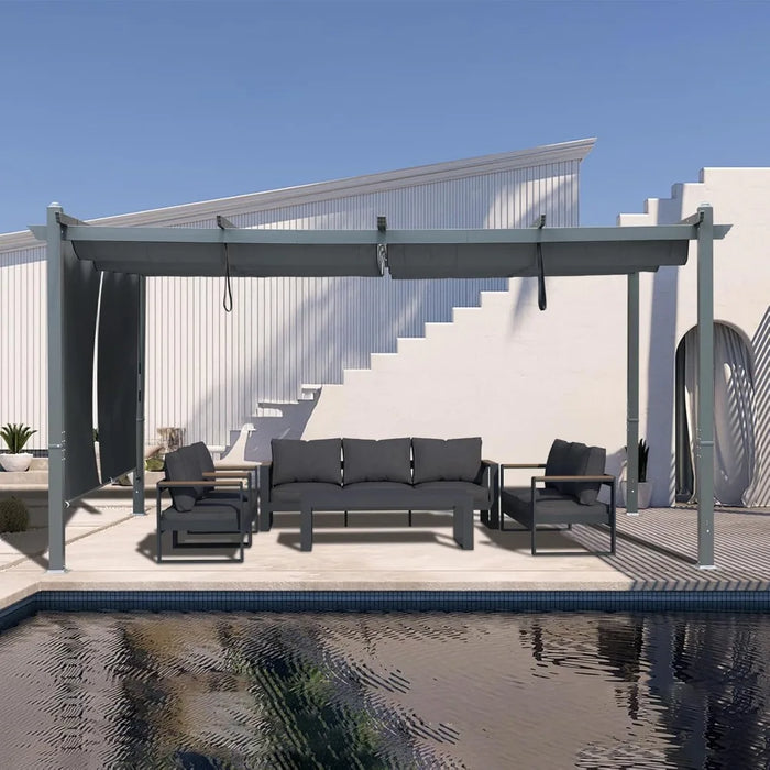 12x16 FT Outdoor Pergola - Retractable Shade Canopy with Aluminum Frame & Roller Shade Curtains for Patio, Backyard, or Deck
