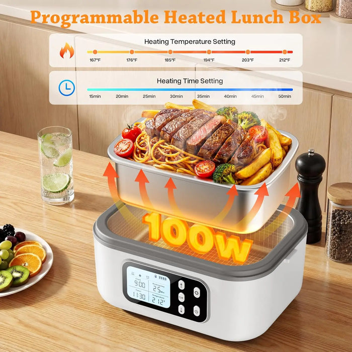 Cordless Heated Electric Lunch Box for Adults with Automatic Heating, 100W Portable Food Warmer Battery Powered with Scheduled