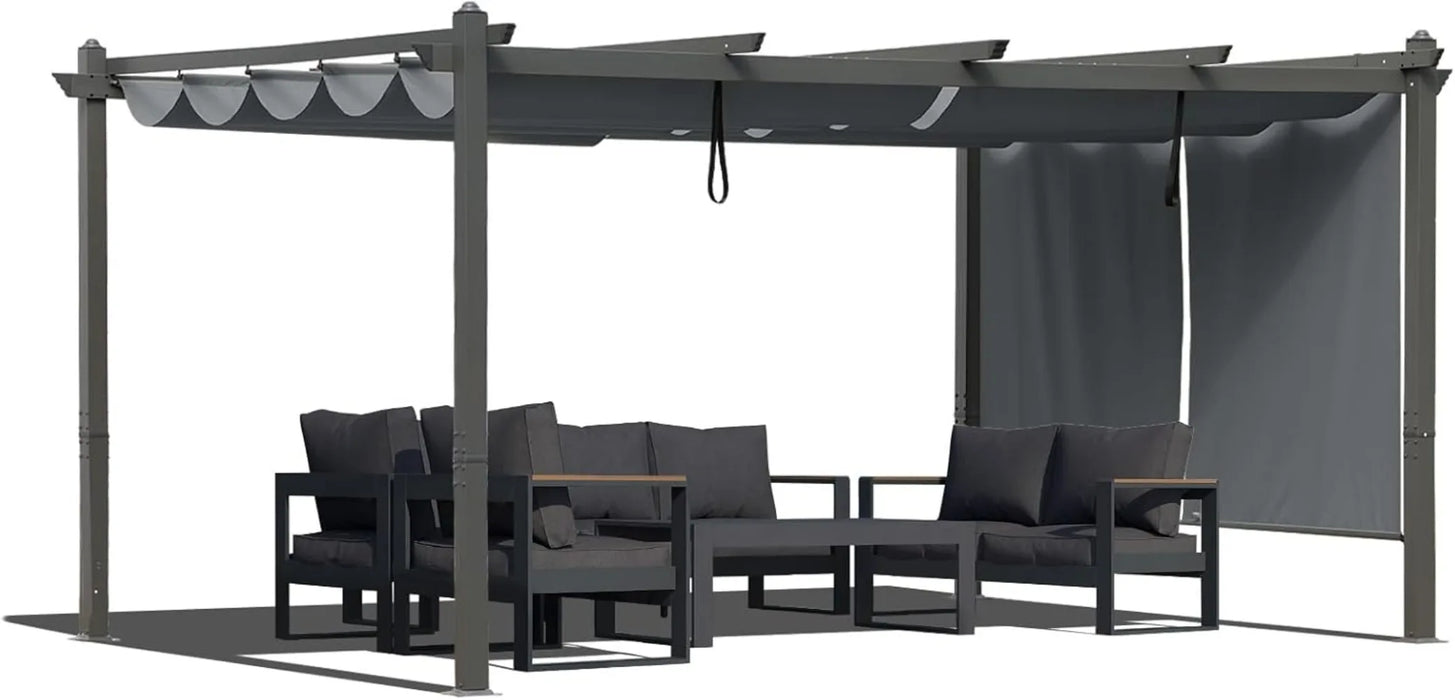 12x16 FT Outdoor Pergola - Retractable Shade Canopy with Aluminum Frame & Roller Shade Curtains for Patio, Backyard, or Deck