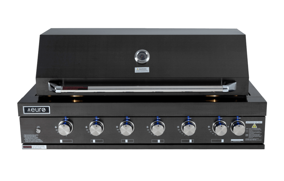 Euro Appliances 6 Burner Built In BBQ Black+90cm Alfresco Canopy Rangehood EAL1200RBQBL+EBB900BK3R